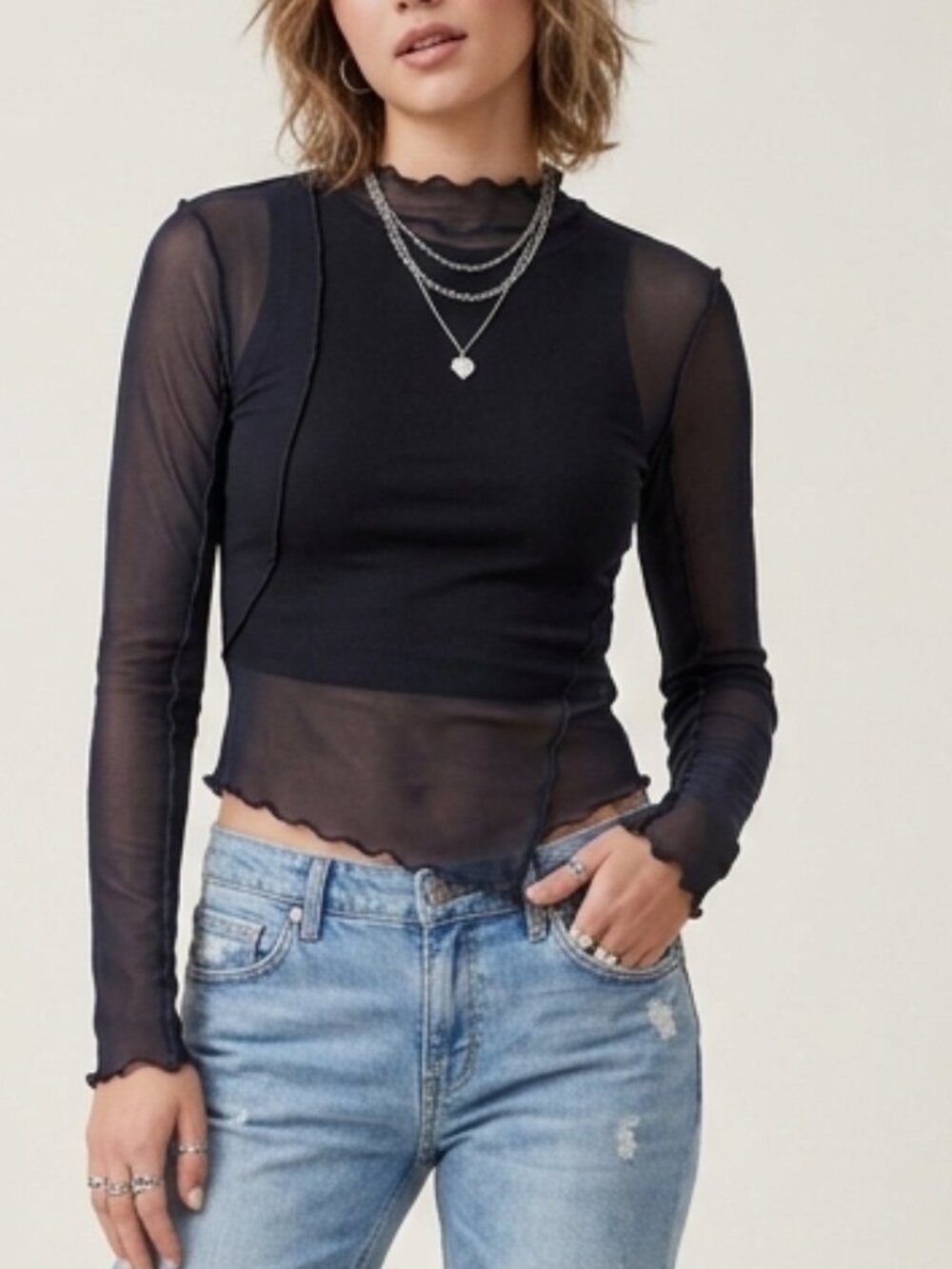Urban Outfitters Sheer Mesh Top Black Long Sleeve Lettuce Hem Y2K Grunge Sz M